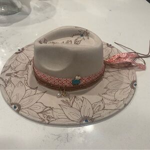 Hand made custom Floral Beige Vegan Suede Hand Burned Hat with Orange/White Band